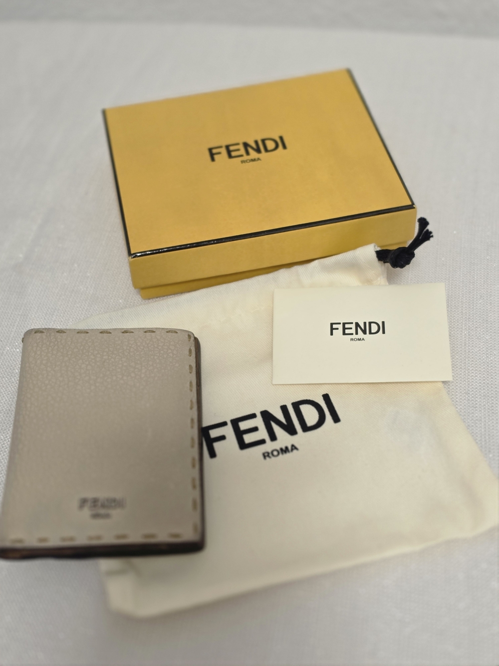 โAuthentic Fendi Selleria Card Holder Wallet Beige Leather W/ Box & Dust Bag